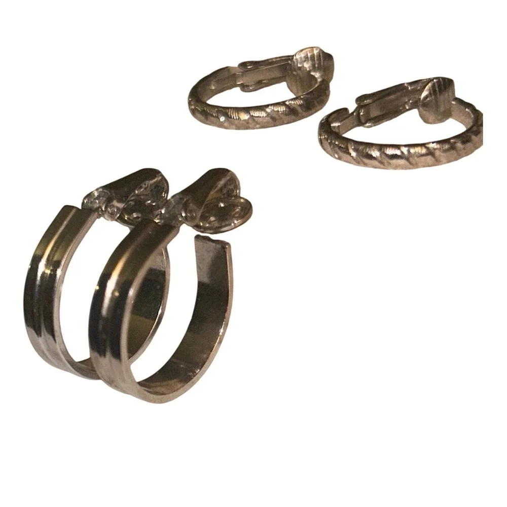 Silver Tone Clip On Hoop Earring Set 2 Pairs Twisted Rope and‎ Polished Smooth